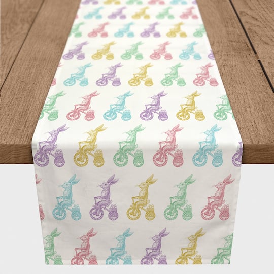 Pastel Bunnies on Bikes Twill Table Runner